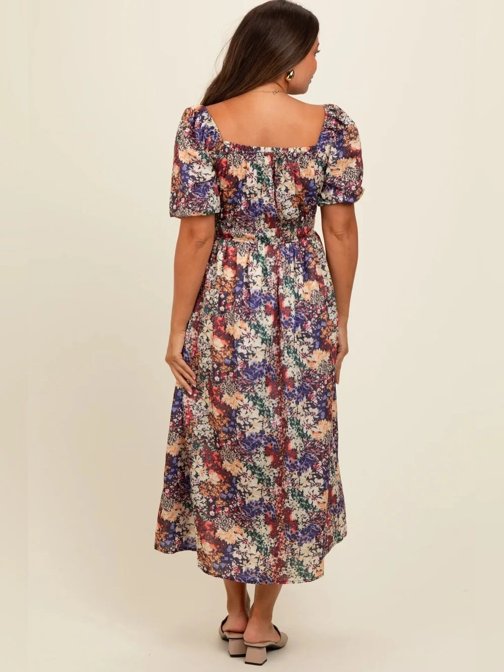 EUC Baltic Born Eden Dress Multi-Color Floral Puff Sleeve Square Neck Midi Dress - Picture 5 of 14